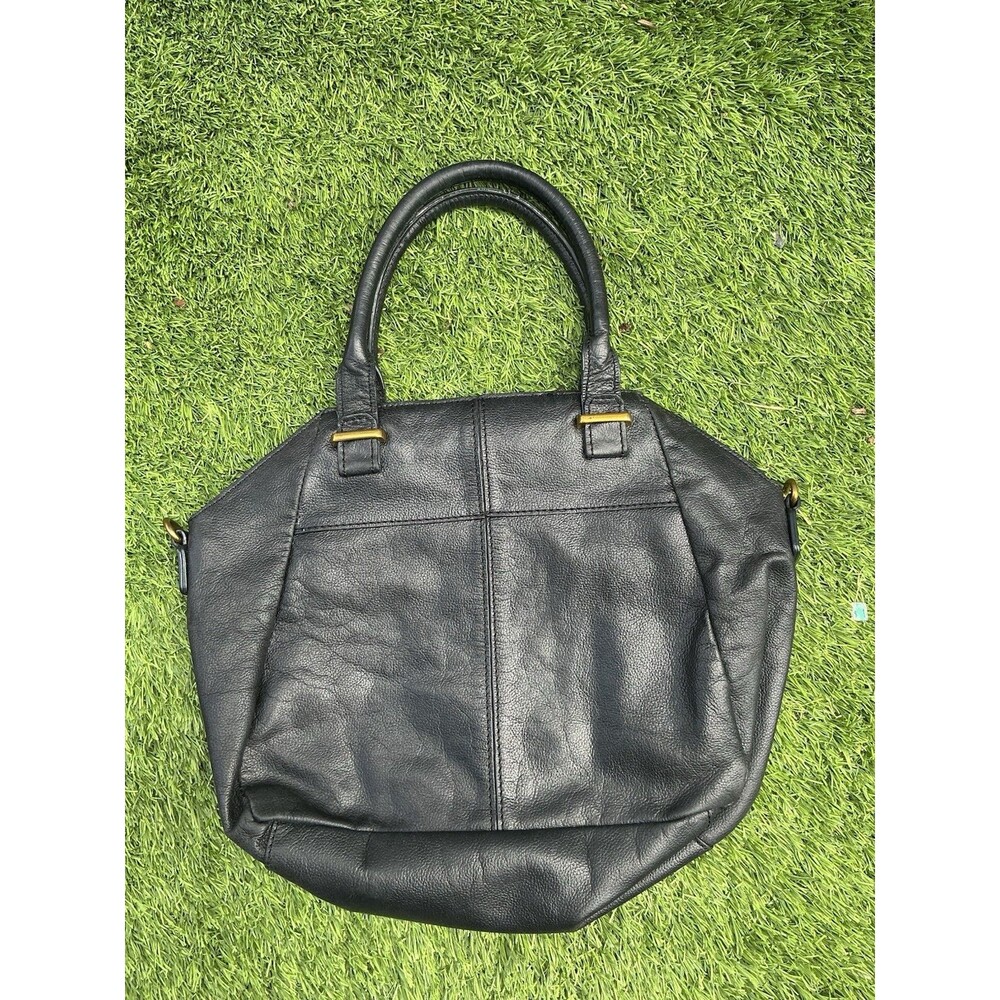 Elliott Lucca Faro Black Genuine Leather Satchel Tote Handbag Brass Hardware